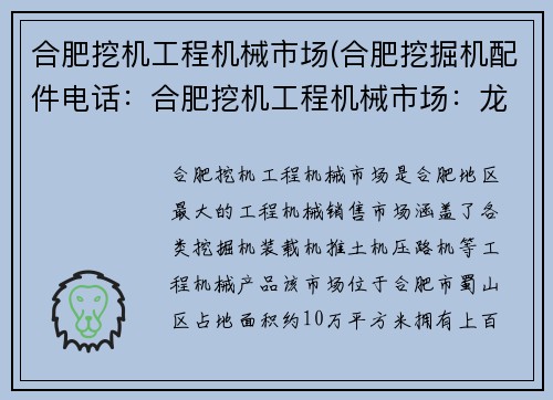 合肥挖机工程机械市场(合肥挖掘机配件电话：合肥挖机工程机械市场：龙头企业崛起，引领行业新风向)